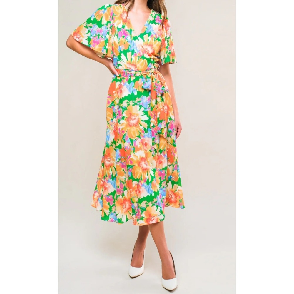 NEW flying tomato womens printed midi dress Effervescent Love Wrap L Large NWT